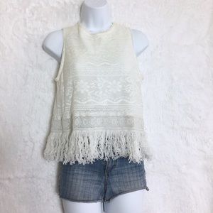 Cream Boho Crochet & Fringe Tank Top SMALL